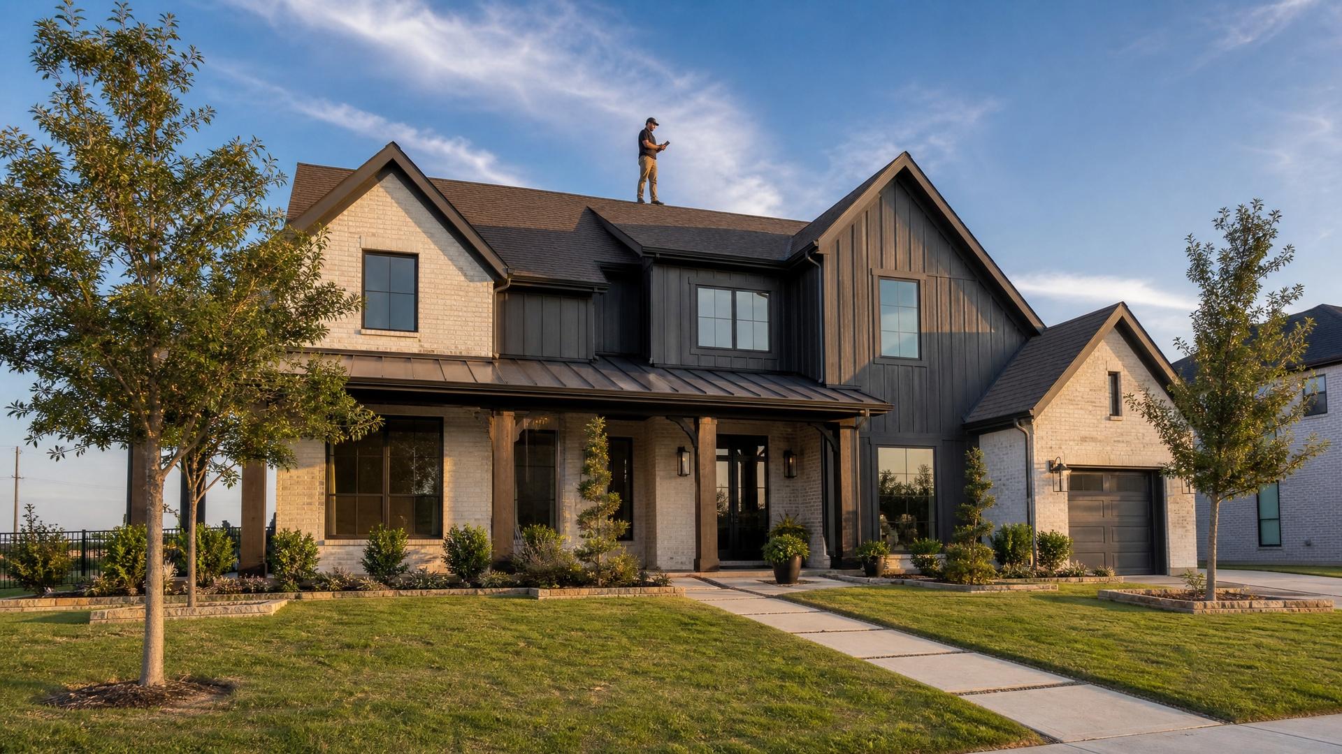 A home inspector standing on the roof of a two-story home during an exterior inspection in Aubrey, TX.