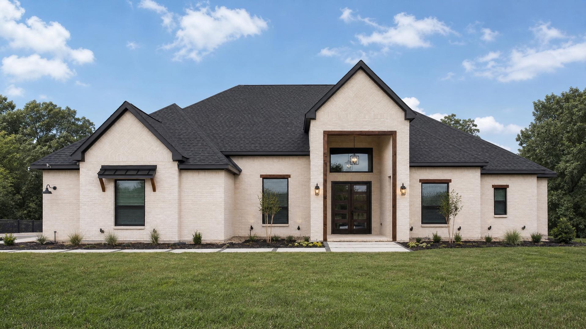 Exterior of a newly built two-story brick home with black trim in Aubrey, TX.
